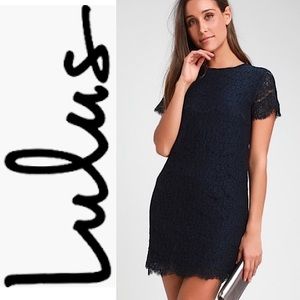 LULU’S Navy Blue Short Sleeves Lace Dress